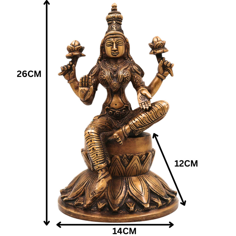 Brass Goddess Lakshmi Idol, Handcrafted mahalakshmi Murti, Prosperity Statue for Pooja, Home Temple & Decor, Gold, 10 Inch, 1 Piece