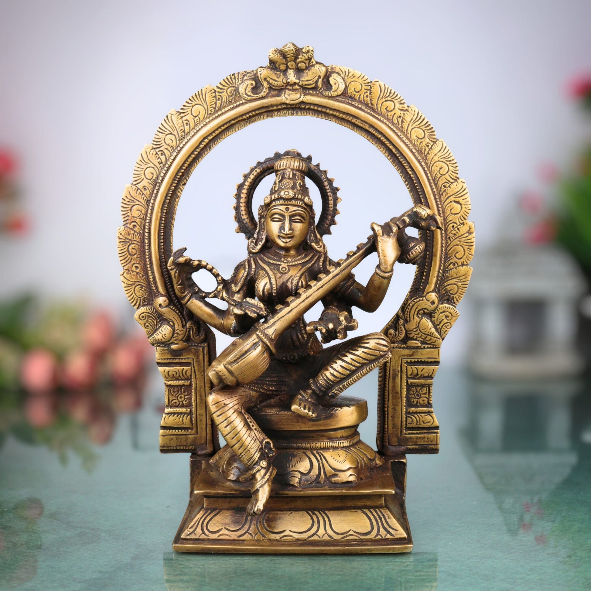 Brass Saraswati Idol, Goddess of Knowledge Murti, Handmade Veenapani Sculpture for Home Temple Decor, Gold, 9.5 Inch, 1 Piece