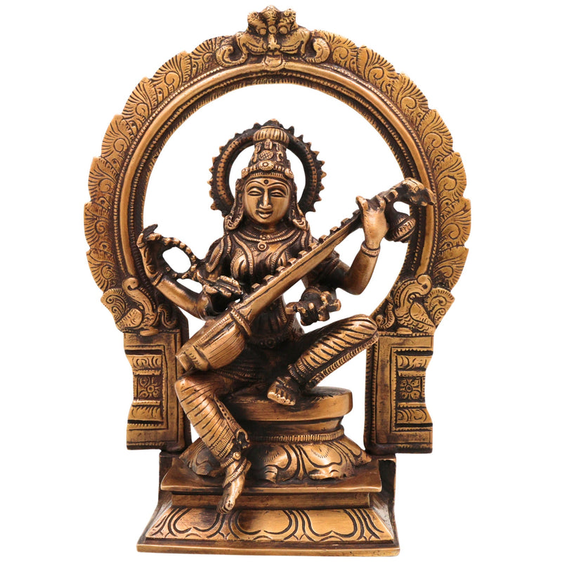 Brass Saraswati Idol, Goddess of Knowledge Murti, Handmade Veenapani Sculpture for Home Temple Decor, Gold, 9.5 Inch, 1 Piece