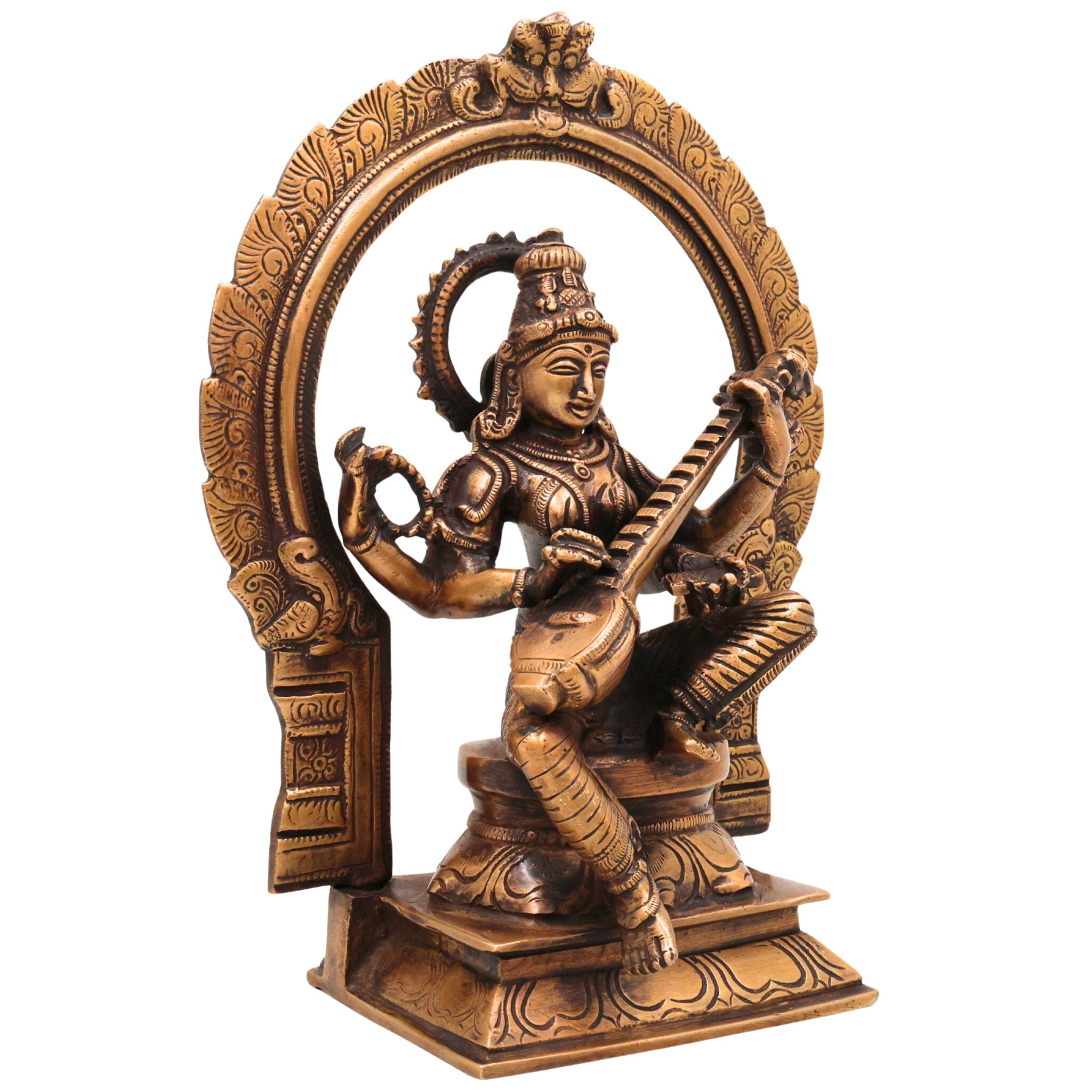 Brass Saraswati Idol, Goddess of Knowledge Murti, Handmade Veenapani Sculpture for Home Temple Decor, Gold, 9.5 Inch, 1 Piece