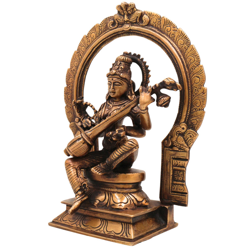 Brass Saraswati Idol, Goddess of Knowledge Murti, Handmade Veenapani Sculpture for Home Temple Decor, Gold, 9.5 Inch, 1 Piece
