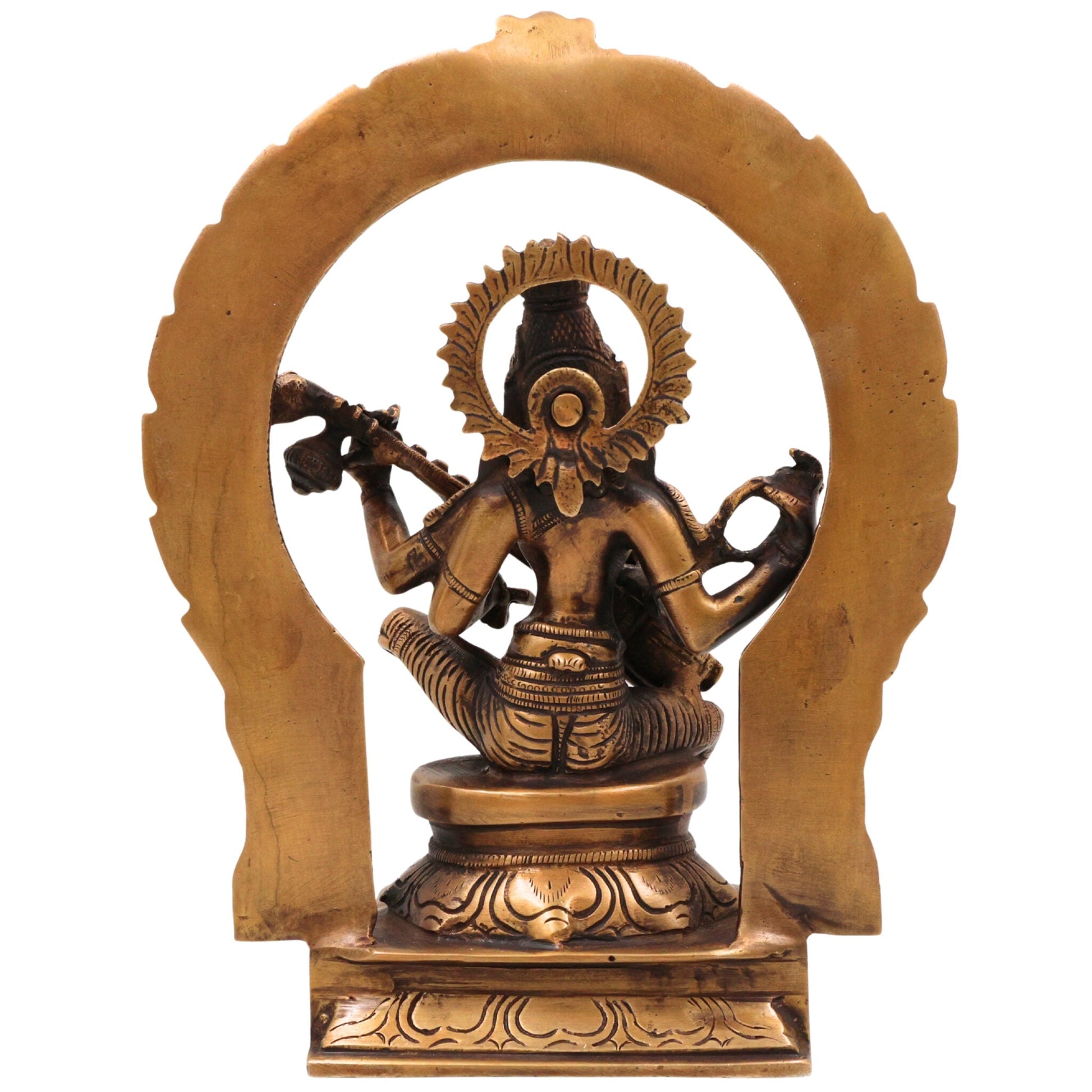 Brass Saraswati Idol, Goddess of Knowledge Murti, Handmade Veenapani Sculpture for Home Temple Decor, Gold, 9.5 Inch, 1 Piece