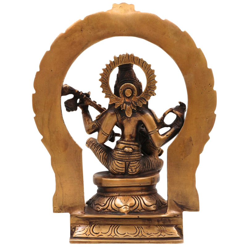Brass Saraswati Idol, Goddess of Knowledge Murti, Handmade Veenapani Sculpture for Home Temple Decor, Gold, 9.5 Inch, 1 Piece