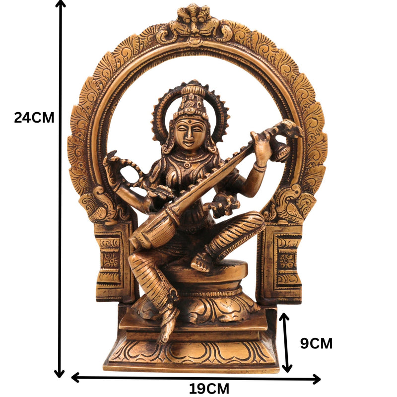Brass Saraswati Idol, Goddess of Knowledge Murti, Handmade Veenapani Sculpture for Home Temple Decor, Gold, 9.5 Inch, 1 Piece