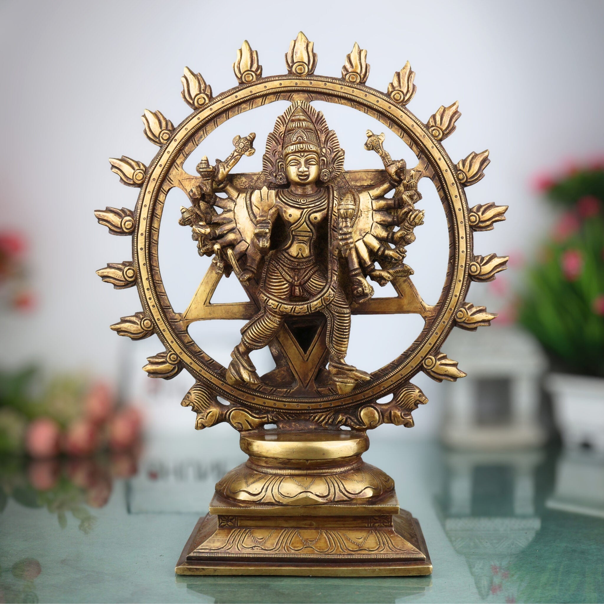Brass Sudarshana Chakrathalwar Idol, Handcrafted Vishnu Chakra Murti, Protective Statue for Pooja, Temple & Home Decor, Gold, 13 Inch, 1 Piece