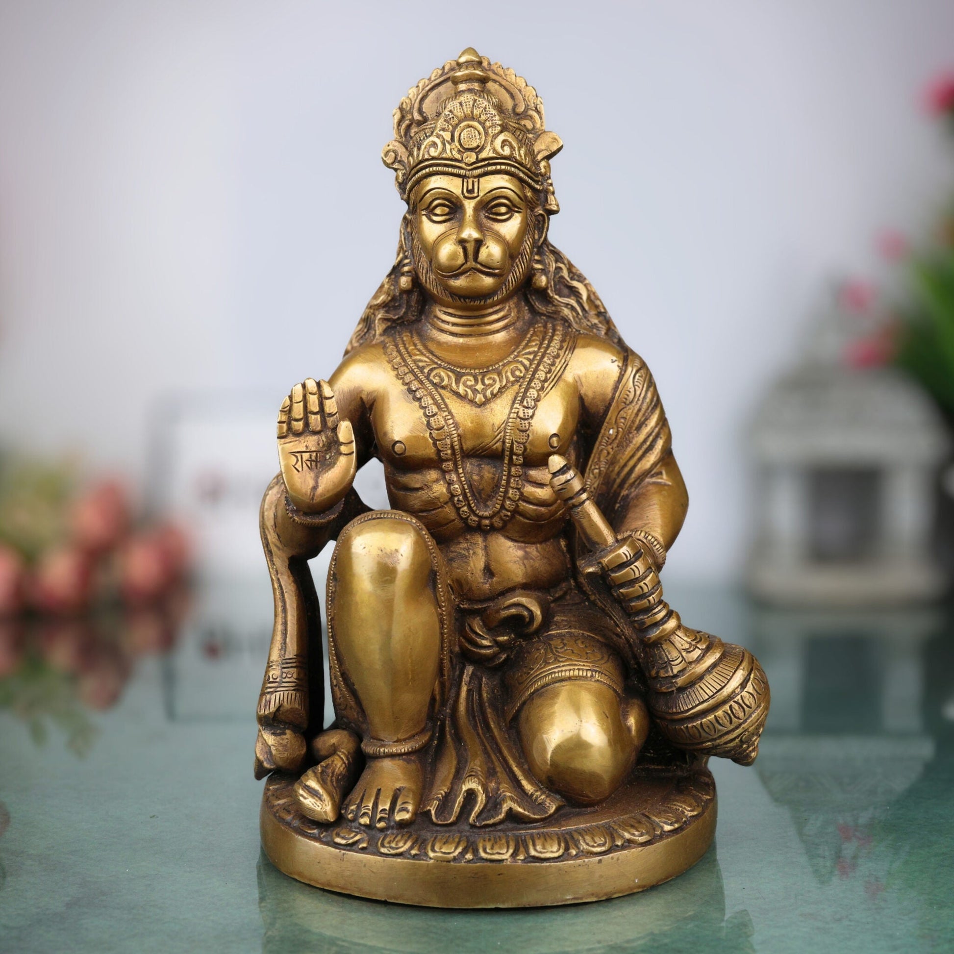 Brass Hanuman Idol, Handcrafted Panchamukhi Hanuman Murti, Bajrangbali Statue for Pooja, Temple & Home Decor, Gold, 10 Inch, 1 Piece