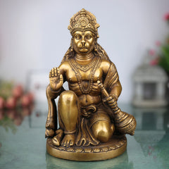 Brass Hanuman Idol, Handcrafted Panchamukhi Hanuman Murti, Bajrangbali Statue for Pooja, Temple & Home Decor, Gold, 10 Inch, 1 Piece
