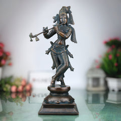 Brass Lord Krishna Idol, Handcrafted Venugopala Murti, Flute Playing Krishna Statue for Pooja, Home Temple & Spiritual Decor, Black, 14 Inch, 1 Piece