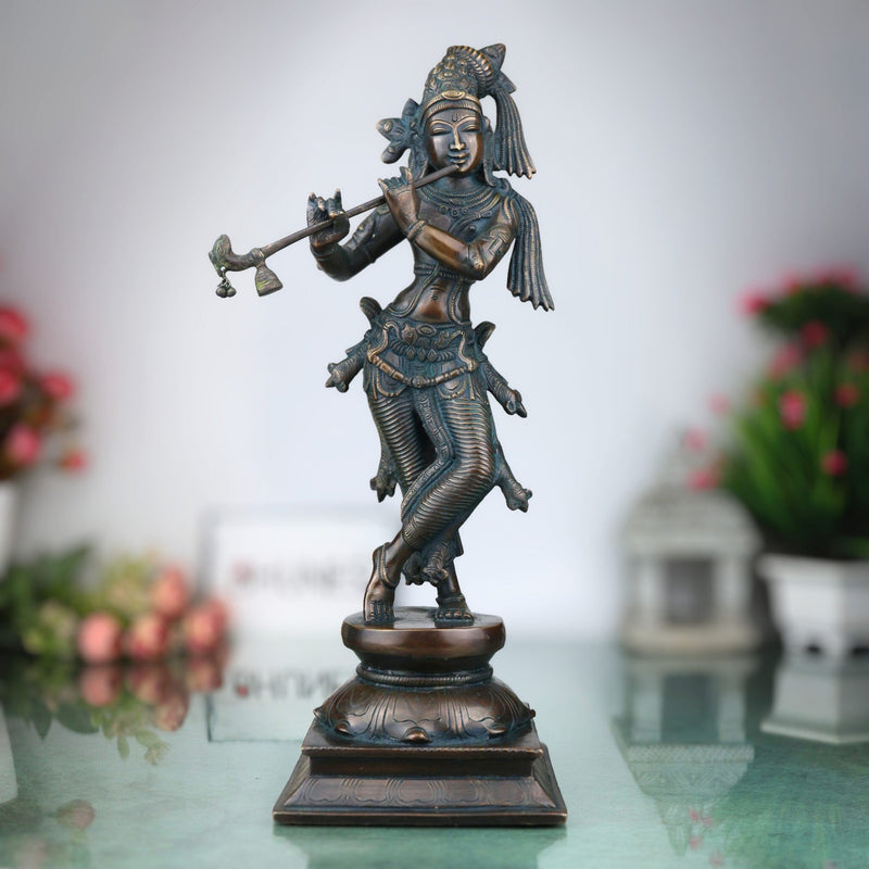 Brass Lord Krishna Idol, Handcrafted Venugopala Murti, Flute Playing Krishna Statue for Pooja, Home Temple & Spiritual Decor, Black, 14 Inch, 1 Piece