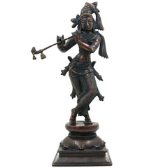 Brass Lord Krishna Idol, Handcrafted Venugopala Murti, Flute Playing Krishna Statue for Pooja, Home Temple & Spiritual Decor, Black, 14 Inch, 1 Piece