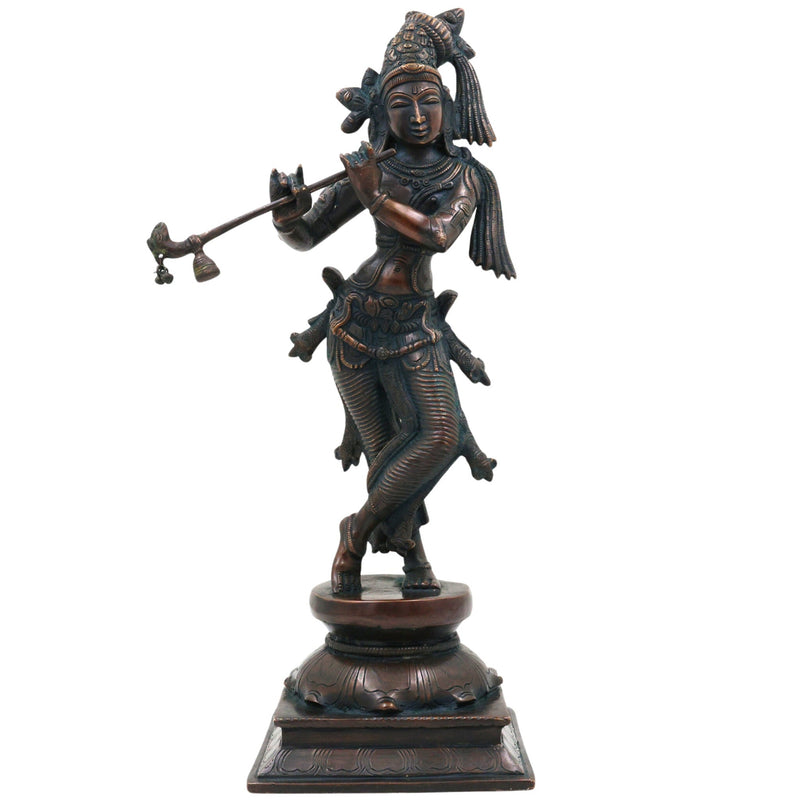 Brass Lord Krishna Idol, Handcrafted Venugopala Murti, Flute Playing Krishna Statue for Pooja, Home Temple & Spiritual Decor, Black, 14 Inch, 1 Piece