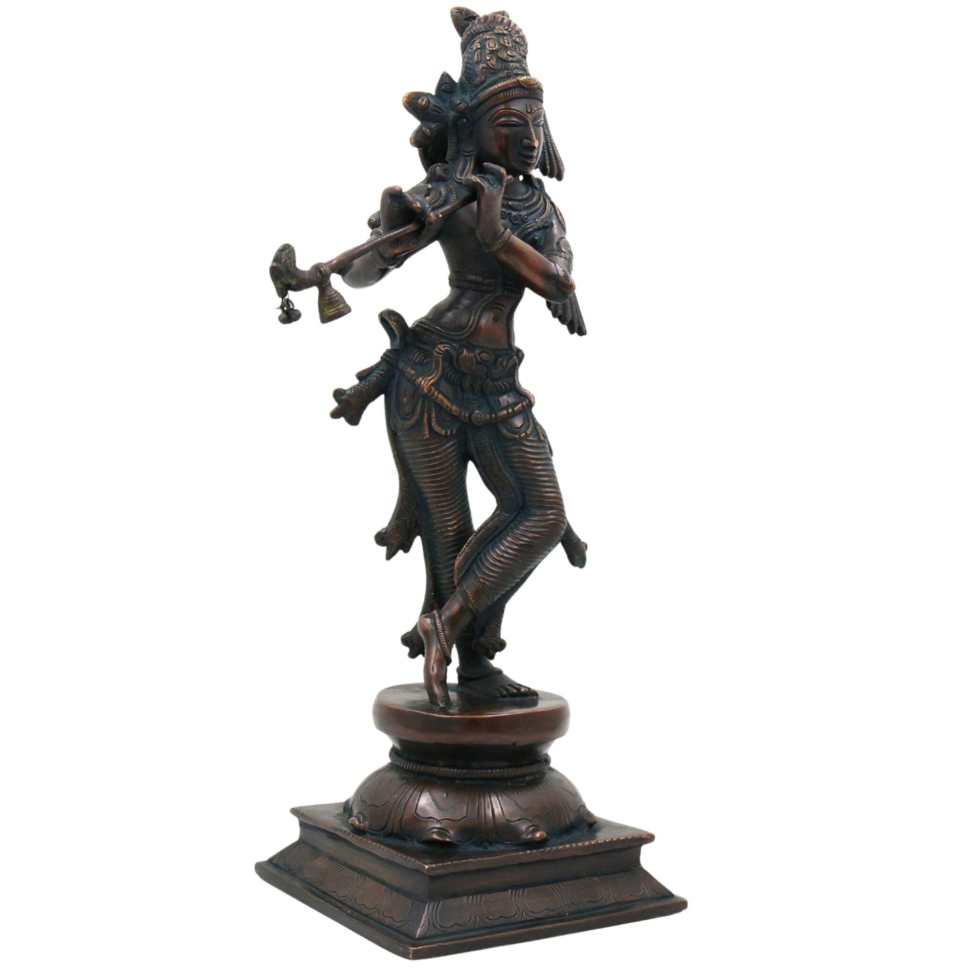 Brass Lord Krishna Idol, Handcrafted Venugopala Murti, Flute Playing Krishna Statue for Pooja, Home Temple & Spiritual Decor, Black, 14 Inch, 1 Piece