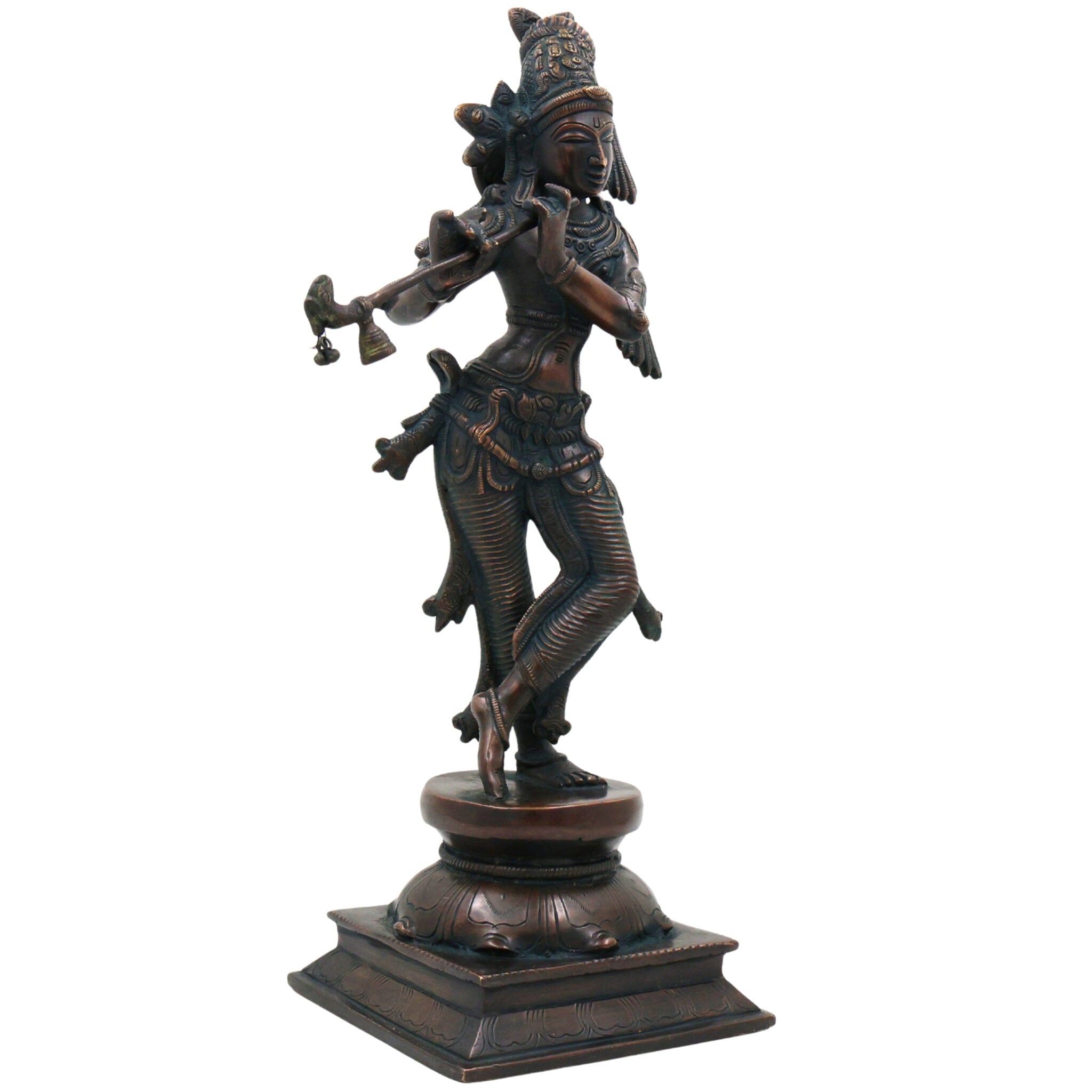 Brass Lord Krishna Idol, Handcrafted Venugopala Murti, Flute Playing Krishna Statue for Pooja, Home Temple & Spiritual Decor, Black, 14 Inch, 1 Piece