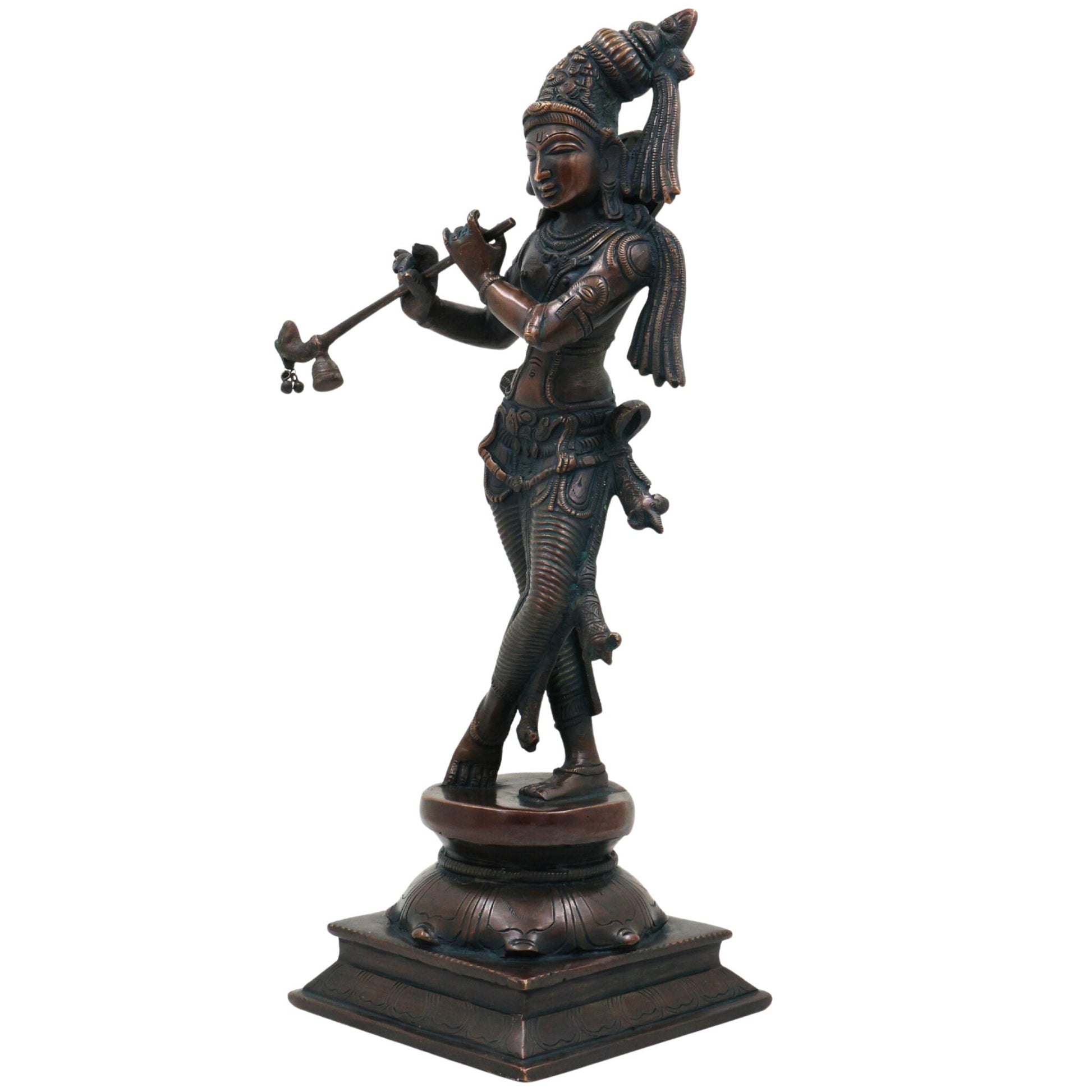 Brass Lord Krishna Idol, Handcrafted Venugopala Murti, Flute Playing Krishna Statue for Pooja, Home Temple & Spiritual Decor, Black, 14 Inch, 1 Piece