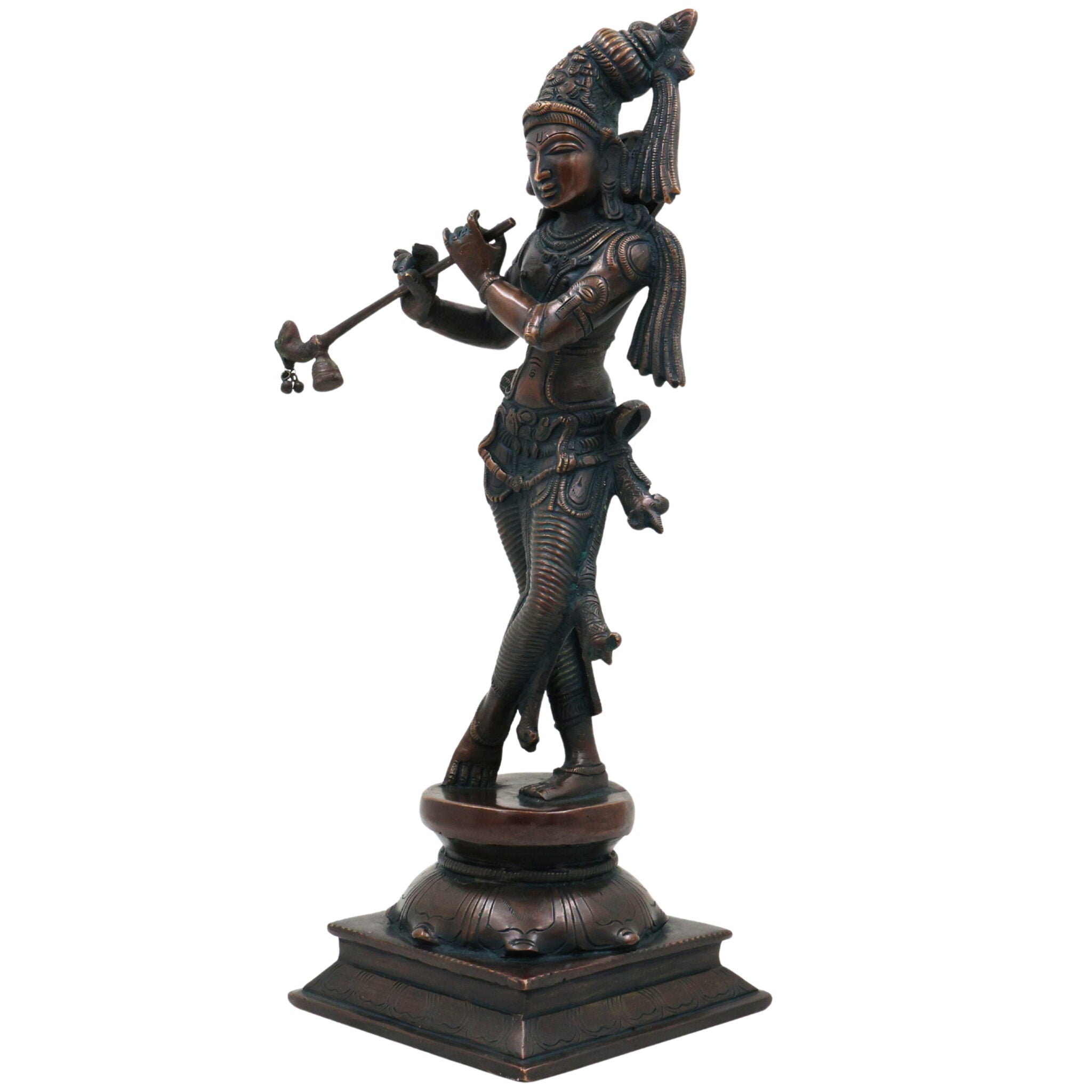 Brass Lord Krishna Idol, Handcrafted Venugopala Murti, Flute Playing Krishna Statue for Pooja, Home Temple & Spiritual Decor, Black, 14 Inch, 1 Piece