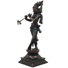 Brass Lord Krishna Idol, Handcrafted Venugopala Murti, Flute Playing Krishna Statue for Pooja, Home Temple & Spiritual Decor, Black, 14 Inch, 1 Piece