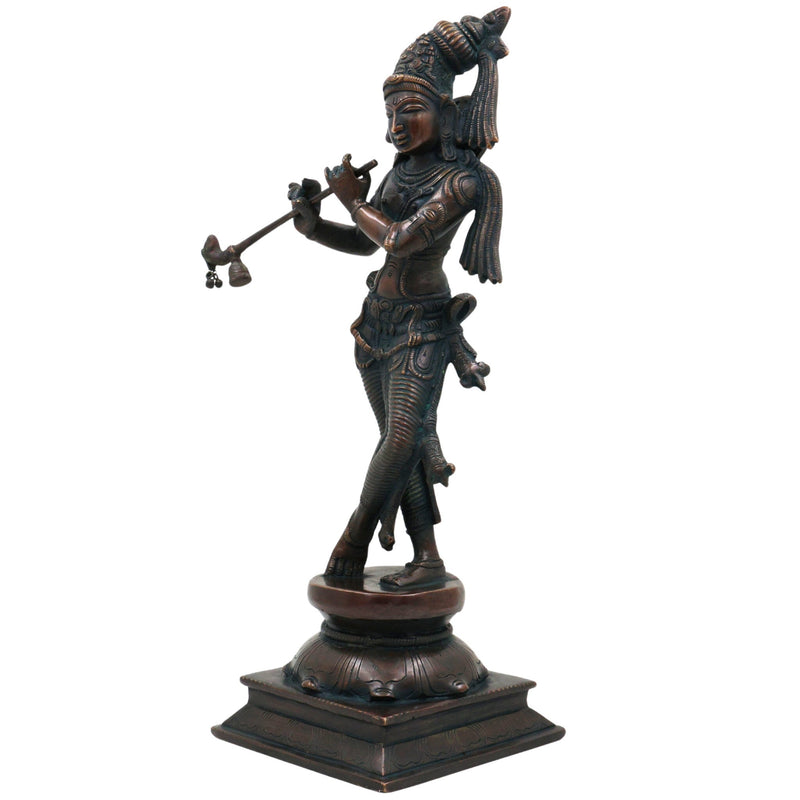 Brass Lord Krishna Idol, Handcrafted Venugopala Murti, Flute Playing Krishna Statue for Pooja, Home Temple & Spiritual Decor, Black, 14 Inch, 1 Piece