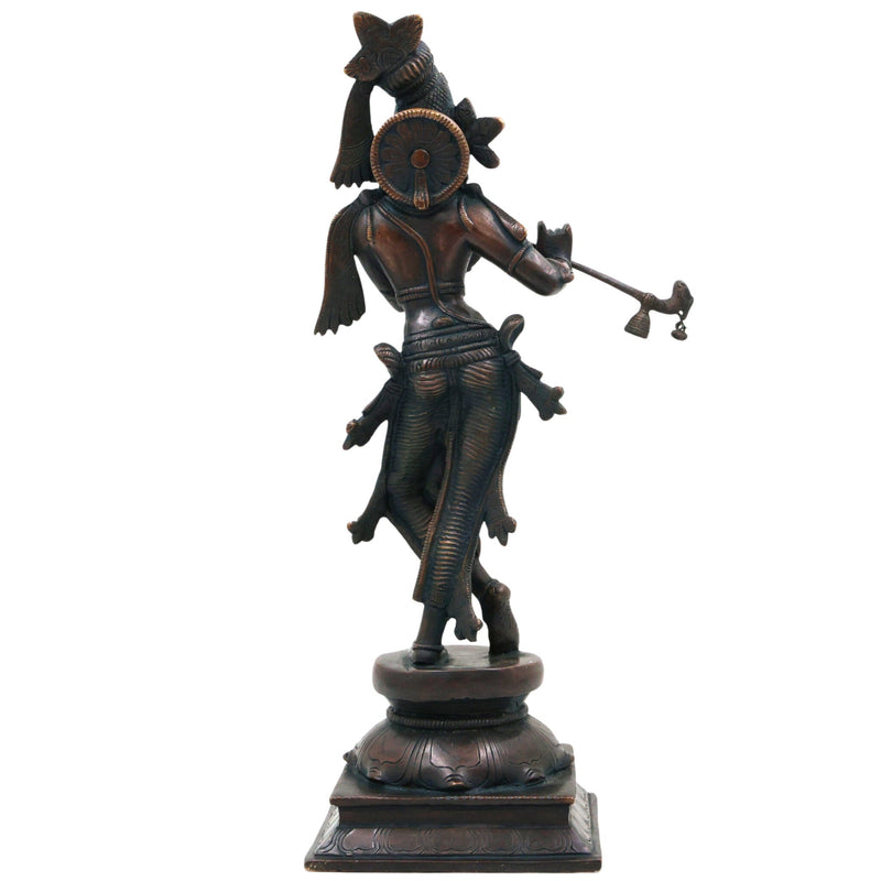Brass Lord Krishna Idol, Handcrafted Venugopala Murti, Flute Playing Krishna Statue for Pooja, Home Temple & Spiritual Decor, Black, 14 Inch, 1 Piece