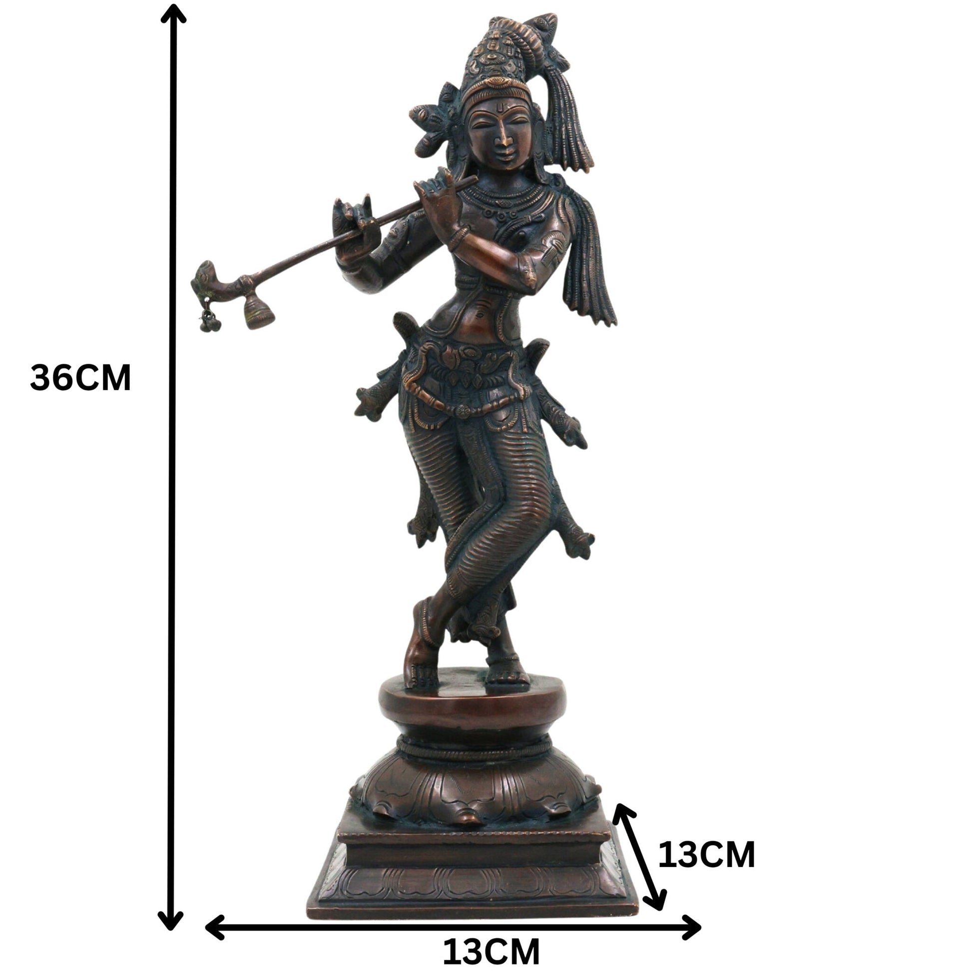 Brass Lord Krishna Idol, Handcrafted Venugopala Murti, Flute Playing Krishna Statue for Pooja, Home Temple & Spiritual Decor, Black, 14 Inch, 1 Piece