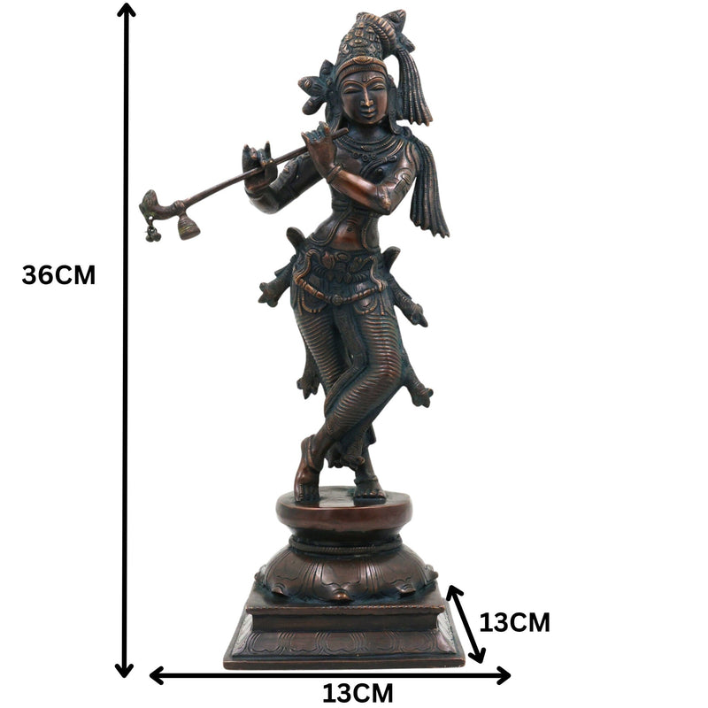 Brass Lord Krishna Idol, Handcrafted Venugopala Murti, Flute Playing Krishna Statue for Pooja, Home Temple & Spiritual Decor, Black, 14 Inch, 1 Piece