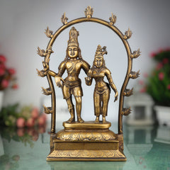 Brass Lord Shiva Parvati Idol, Handcrafted Uma Maheshwara Murti, Shiv Shakti Statue for Pooja Room, Temple & Home Decor, Gold, 14 Inch, 1 Piece