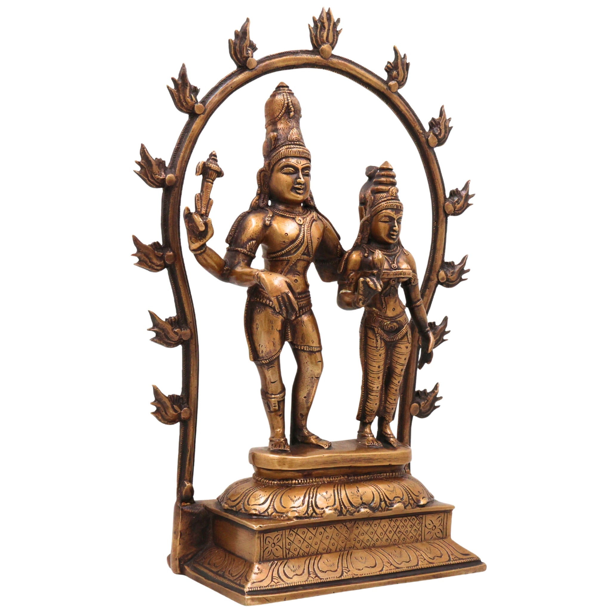Brass Lord Shiva Parvati Idol, Handcrafted Uma Maheshwara Murti, Shiv Shakti Statue for Pooja Room, Temple & Home Decor, Gold, 14 Inch, 1 Piece