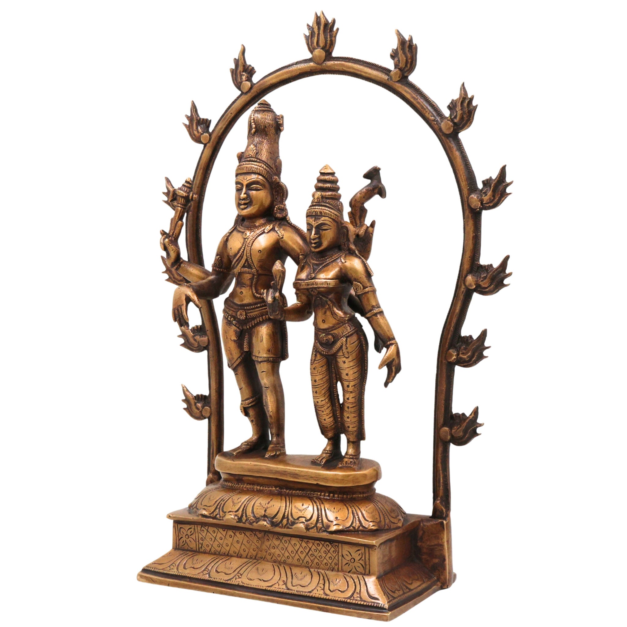 Brass Lord Shiva Parvati Idol, Handcrafted Uma Maheshwara Murti, Shiv Shakti Statue for Pooja Room, Temple & Home Decor, Gold, 14 Inch, 1 Piece
