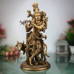 Brass Lord Krishna Idol | Handcrafted Venugopala Murti | Govinda Statue for Pooja Room, Temple & Home Decor, Gold, 12.5 Inch, 1 Piece