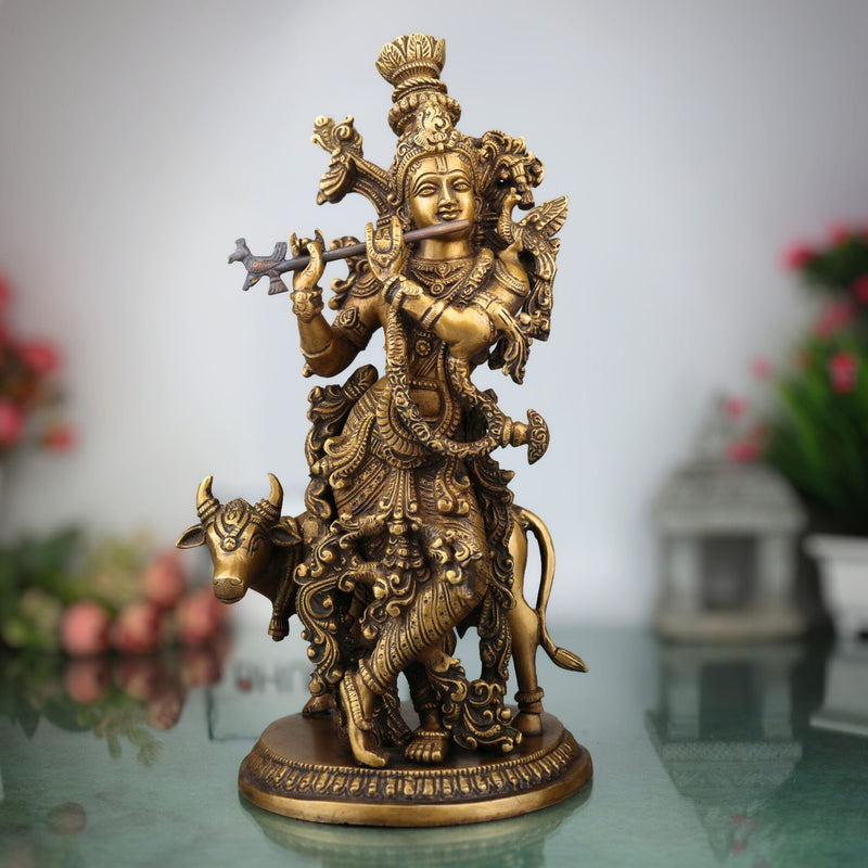 Brass Lord Krishna Idol | Handcrafted Venugopala Murti | Govinda Statue for Pooja Room, Temple & Home Decor, Gold, 12.5 Inch, 1 Piece