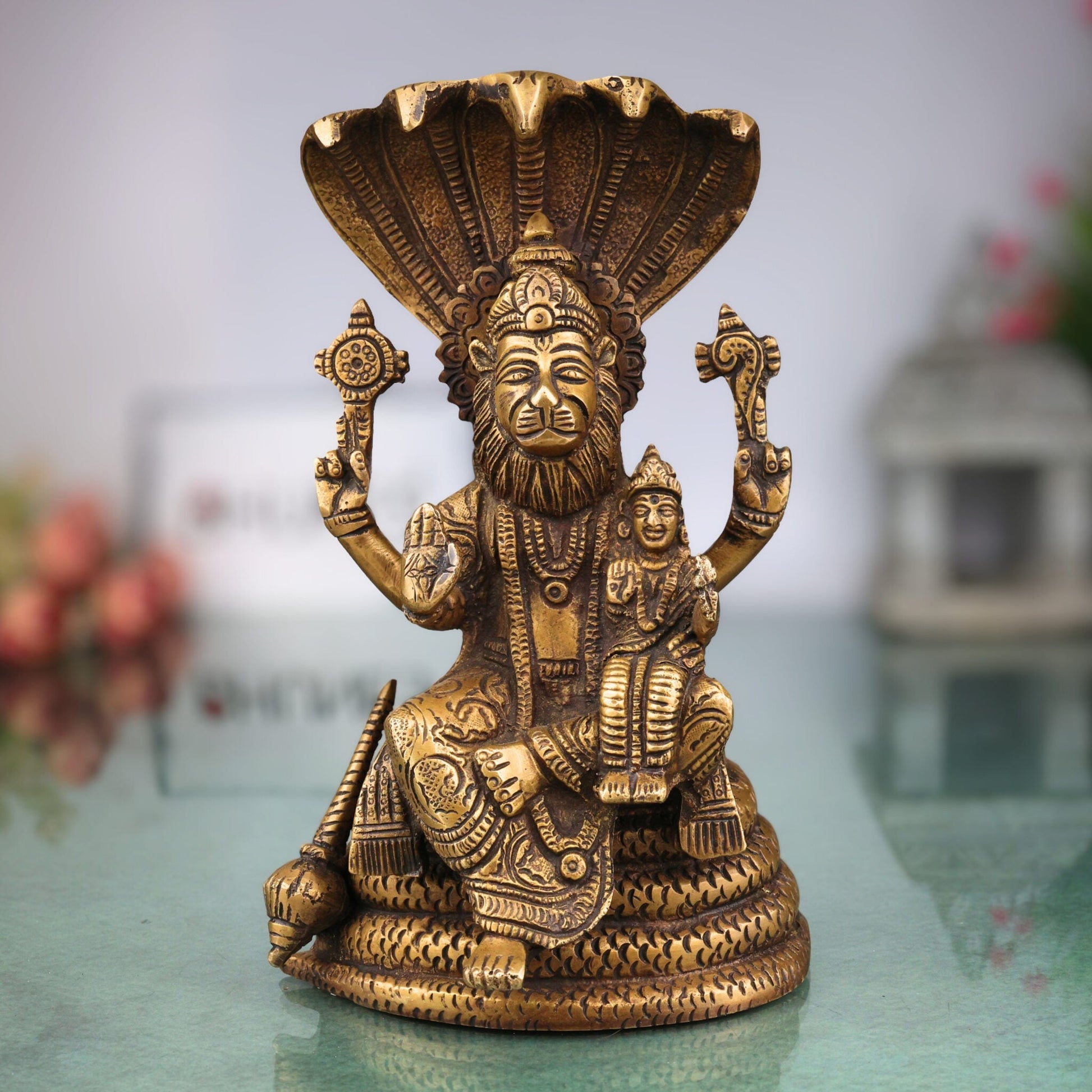 Brass Narasimha Lakshmi Idol, Handcrafted Brass Murti, Lord Narasimha with Goddess Lakshmi on Sheshnag Statue for Pooja, Home Decor & Spiritual Gifts, Gold, 8 Inch, 1 Piece