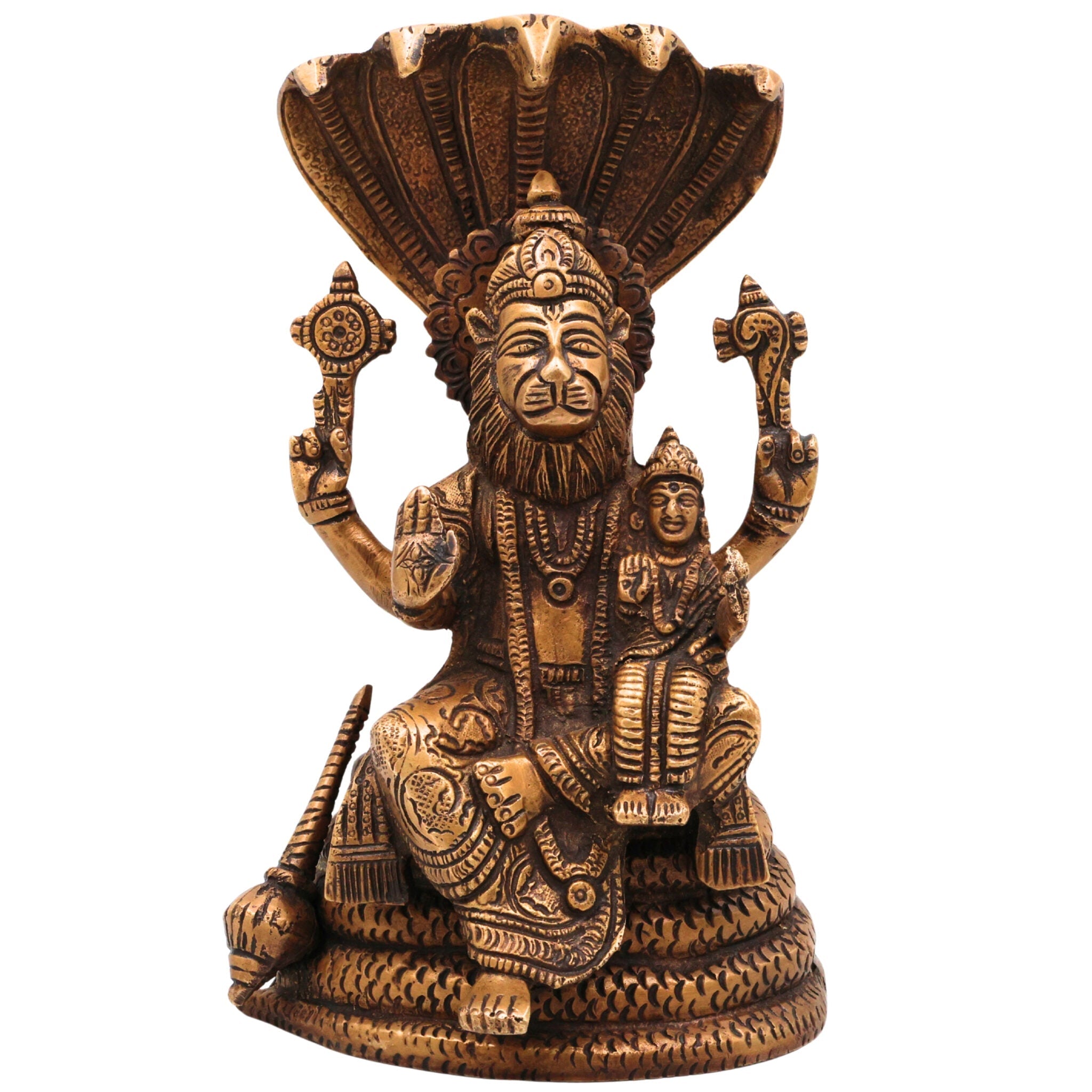 Brass Narasimha Lakshmi Idol, Handcrafted Brass Murti, Lord Narasimha with Goddess Lakshmi on Sheshnag Statue for Pooja, Home Decor & Spiritual Gifts, Gold, 8 Inch, 1 Piece