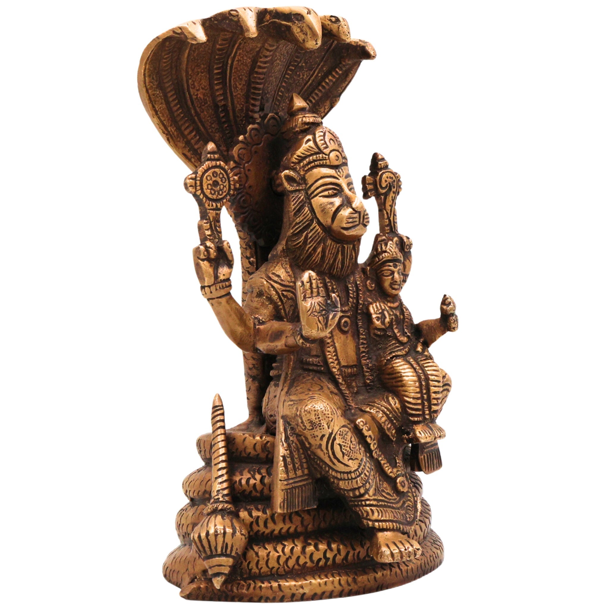 Brass Narasimha Lakshmi Idol, Handcrafted Brass Murti, Lord Narasimha with Goddess Lakshmi on Sheshnag Statue for Pooja, Home Decor & Spiritual Gifts, Gold, 8 Inch, 1 Piece