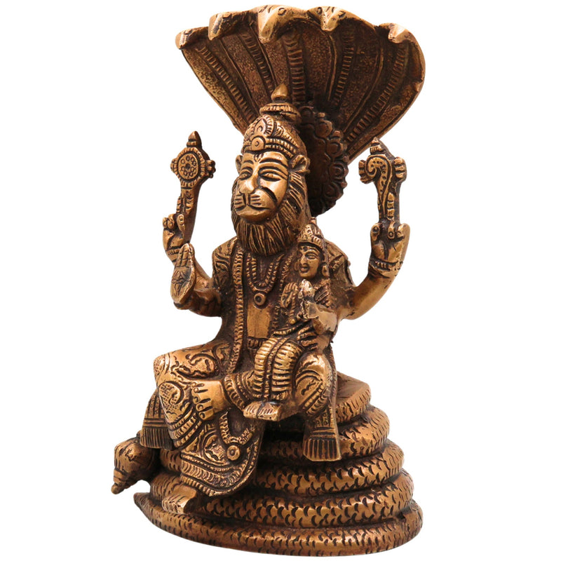 Brass Narasimha Lakshmi Idol, Handcrafted Brass Murti, Lord Narasimha with Goddess Lakshmi on Sheshnag Statue for Pooja, Home Decor & Spiritual Gifts, Gold, 8 Inch, 1 Piece