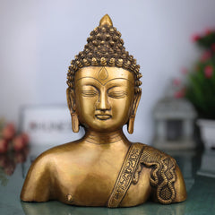 Brass Buddha Face Idol, Handcrafted Brass Murti, Gautama Buddha Wall Sculpture for Meditation, Home Decor & Spiritual Gifts, Gold, 11 Inch, 1 Piece