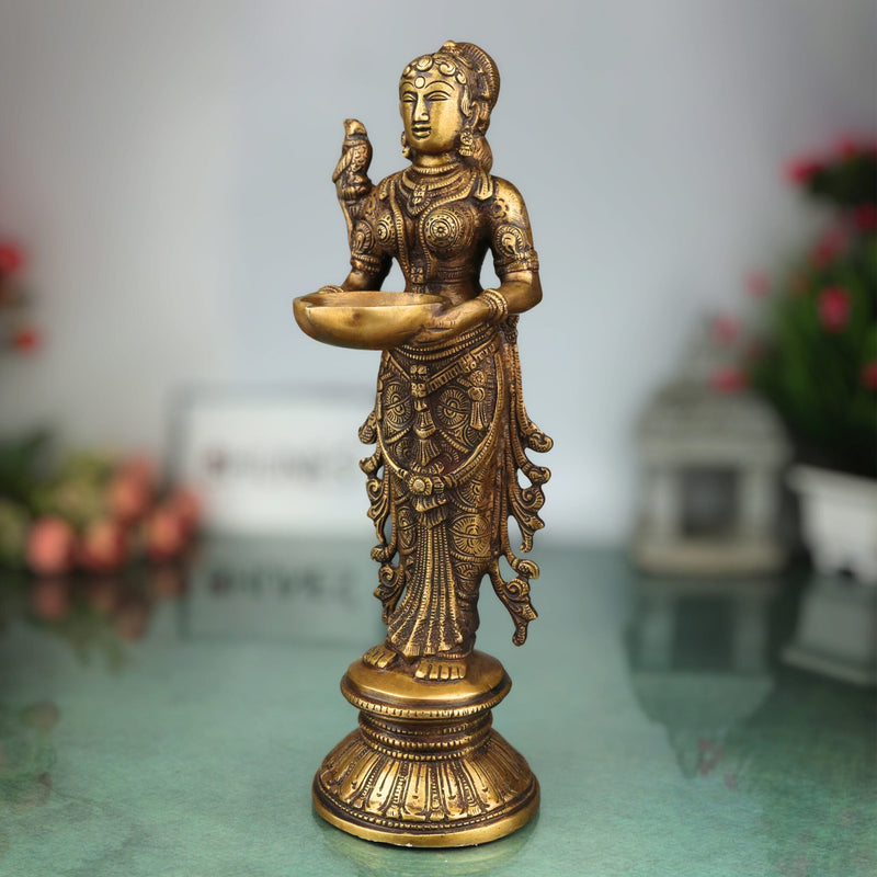 Brass Deepalakshmi Idol, Handcrafted Brass Murti, Goddess Lakshmi Oil Lamp Statue for Pooja, Home Decor & Spiritual Gifts, Gold, 12 Inch, 1 Piece