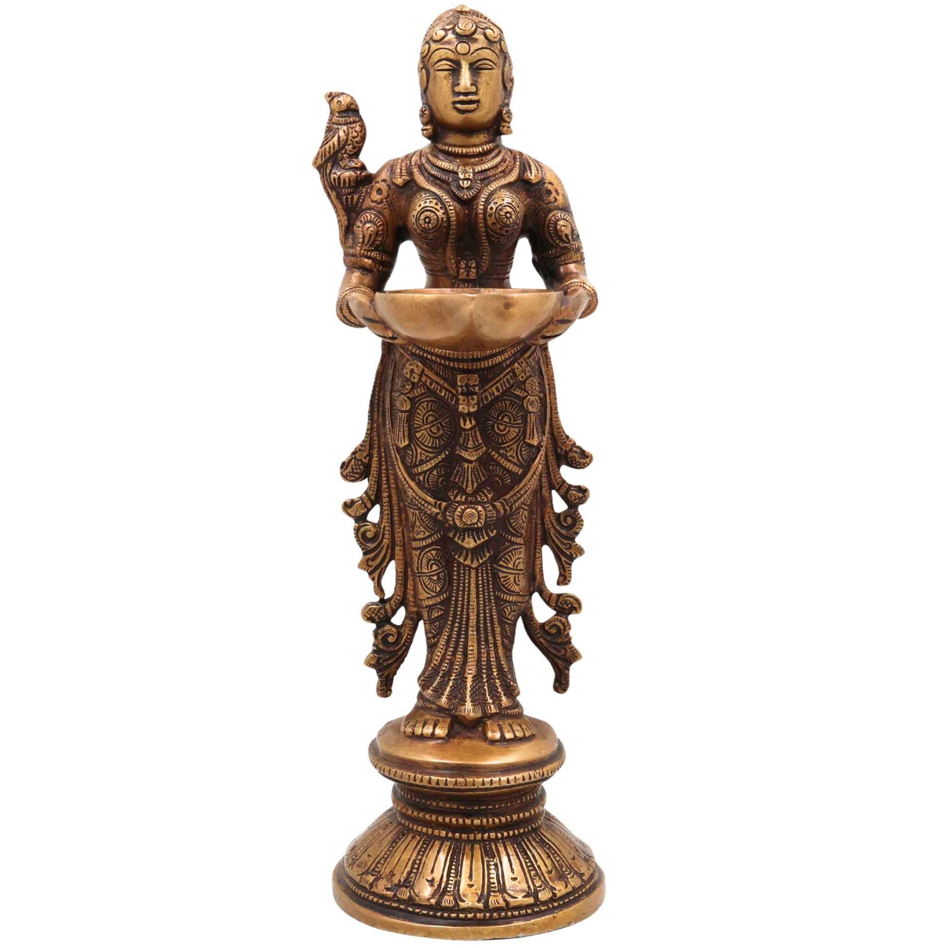 Brass Deepalakshmi Idol, Handcrafted Brass Murti, Goddess Lakshmi Oil Lamp Statue for Pooja, Home Decor & Spiritual Gifts, Gold, 12 Inch, 1 Piece