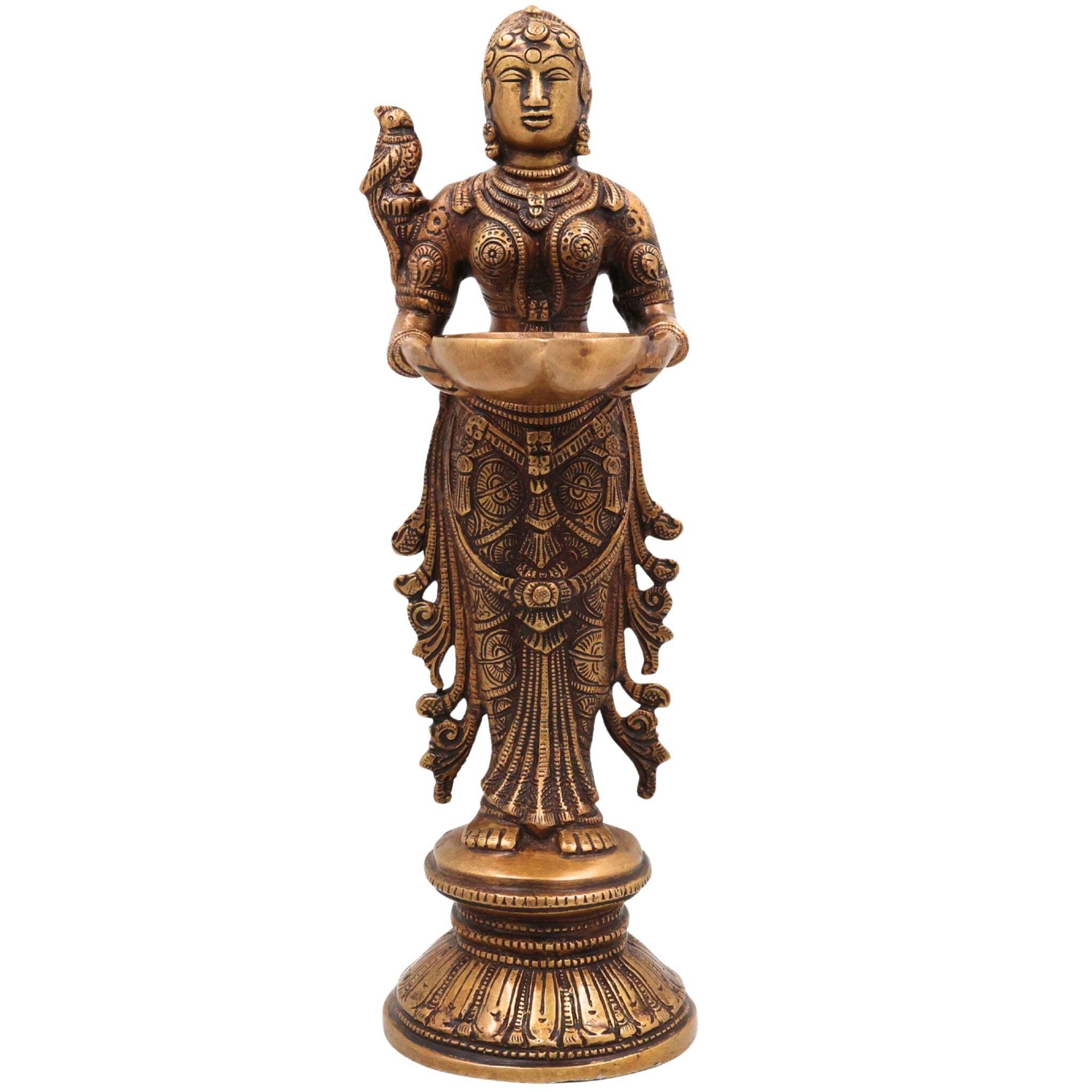 Brass Deepalakshmi Idol, Handcrafted Brass Murti, Goddess Lakshmi Oil Lamp Statue for Pooja, Home Decor & Spiritual Gifts, Gold, 12 Inch, 1 Piece