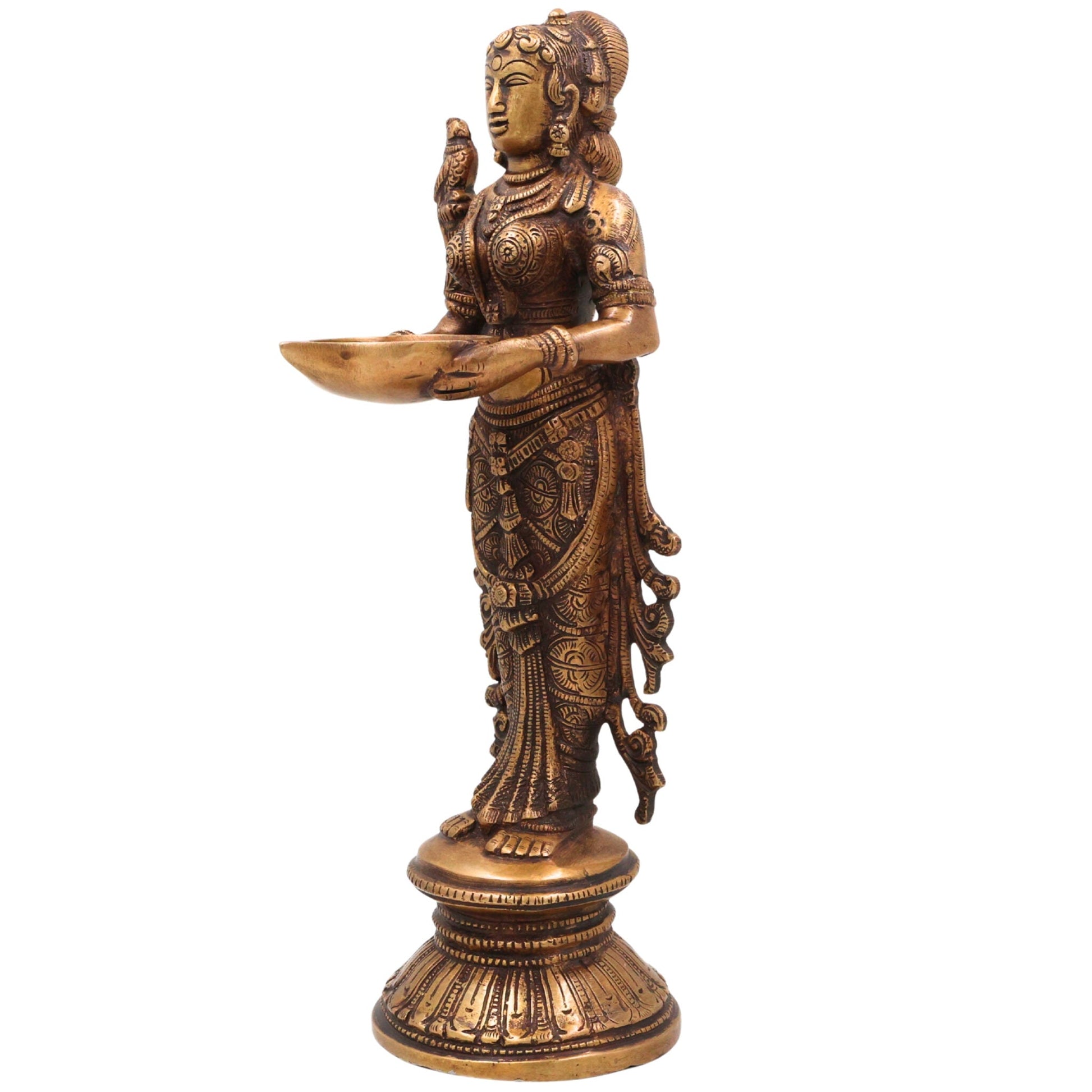 Brass Deepalakshmi Idol, Handcrafted Brass Murti, Goddess Lakshmi Oil Lamp Statue for Pooja, Home Decor & Spiritual Gifts, Gold, 12 Inch, 1 Piece