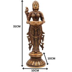 Brass Deepalakshmi Idol, Handcrafted Brass Murti, Goddess Lakshmi Oil Lamp Statue for Pooja, Home Decor & Spiritual Gifts, Gold, 12 Inch, 1 Piece