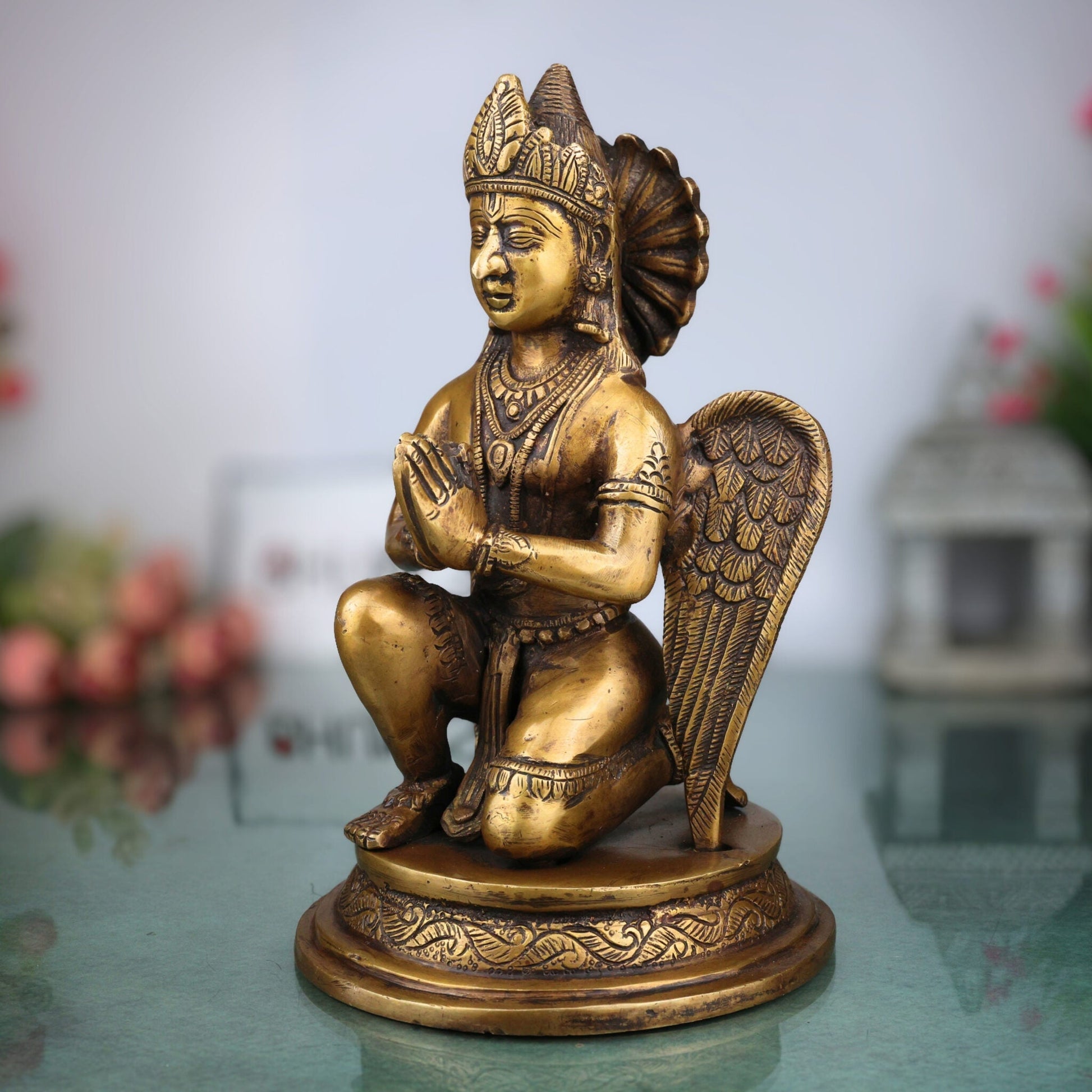 Brass Garud Dev Idol, Handcrafted Murti, Lord Vishnu’s Vehicle Statue for Pooja, Home Decor & Spiritual Gifts, Gold, 9 Inch, 1 Piece