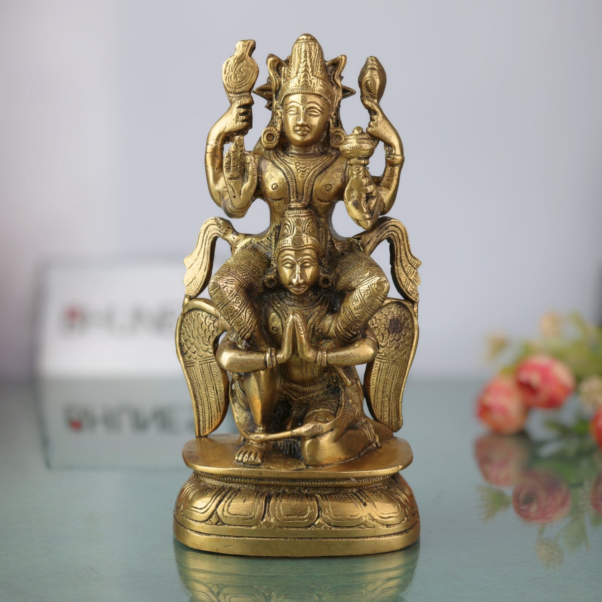 Brass Vishnu Idol Riding Garuda | Narayana Murti Statue | Balaji, Srinivasa, Govinda Vigraha for Pooja, Home Temple, Decor & Gifts, Gold, 8 Inch, 1 Piece