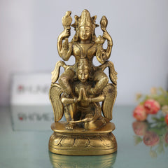Brass Vishnu Idol Riding Garuda | Narayana Murti Statue | Balaji, Srinivasa, Govinda Vigraha for Pooja, Home Temple, Decor & Gifts, Gold, 8 Inch, 1 Piece