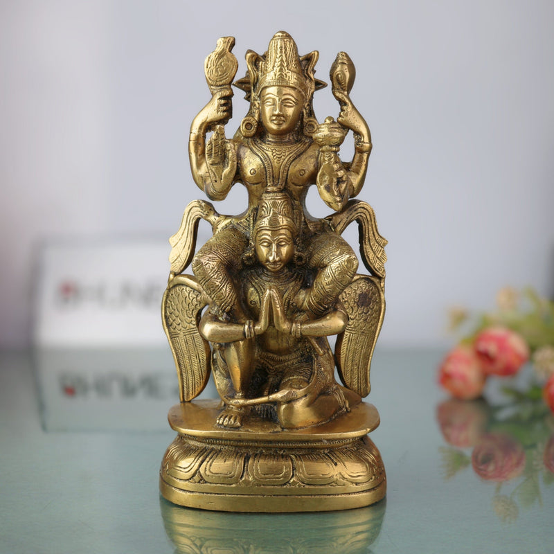 Brass Vishnu Idol Riding Garuda | Narayana Murti Statue | Balaji, Srinivasa, Govinda Vigraha for Pooja, Home Temple, Decor & Gifts, Gold, 8 Inch, 1 Piece