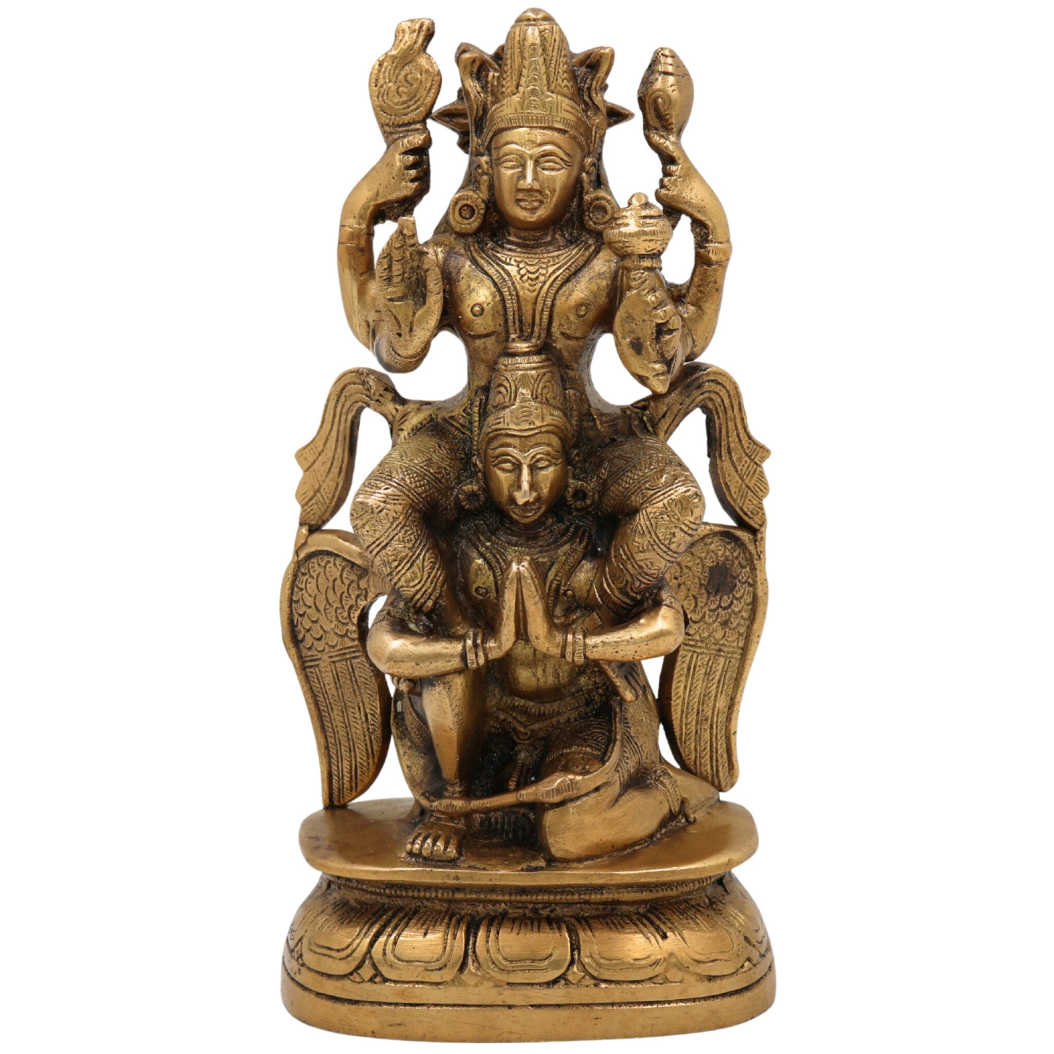 Brass Vishnu Idol Riding Garuda | Narayana Murti Statue | Balaji, Srinivasa, Govinda Vigraha for Pooja, Home Temple, Decor & Gifts, Gold, 8 Inch, 1 Piece