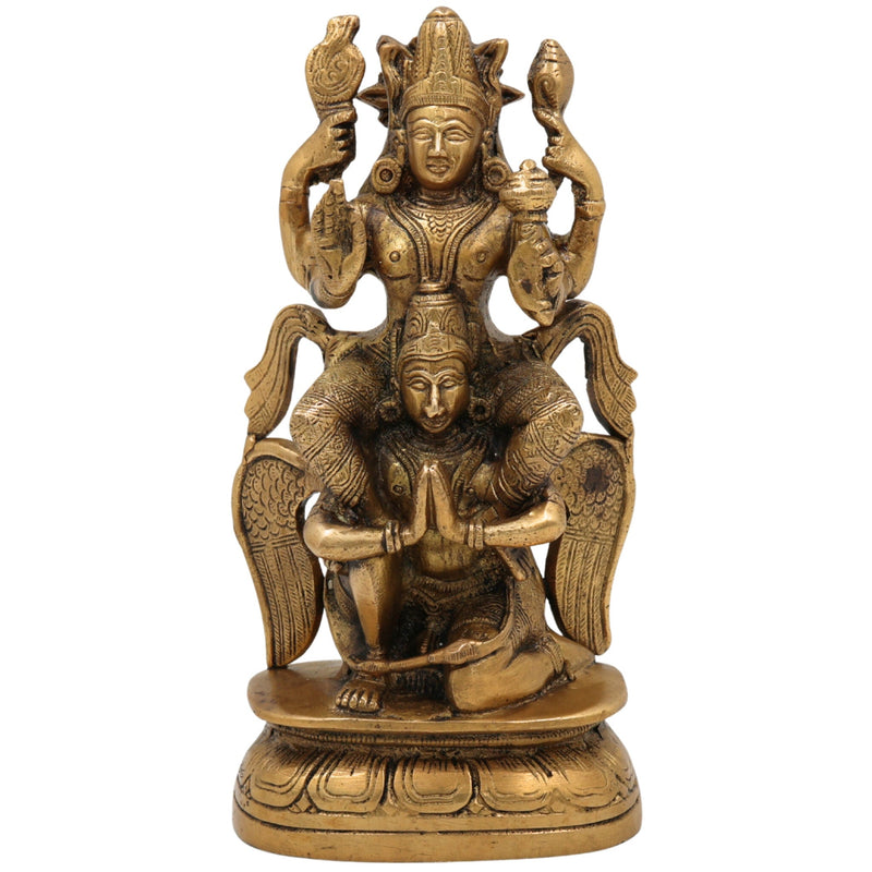 Brass Vishnu Idol Riding Garuda | Narayana Murti Statue | Balaji, Srinivasa, Govinda Vigraha for Pooja, Home Temple, Decor & Gifts, Gold, 8 Inch, 1 Piece