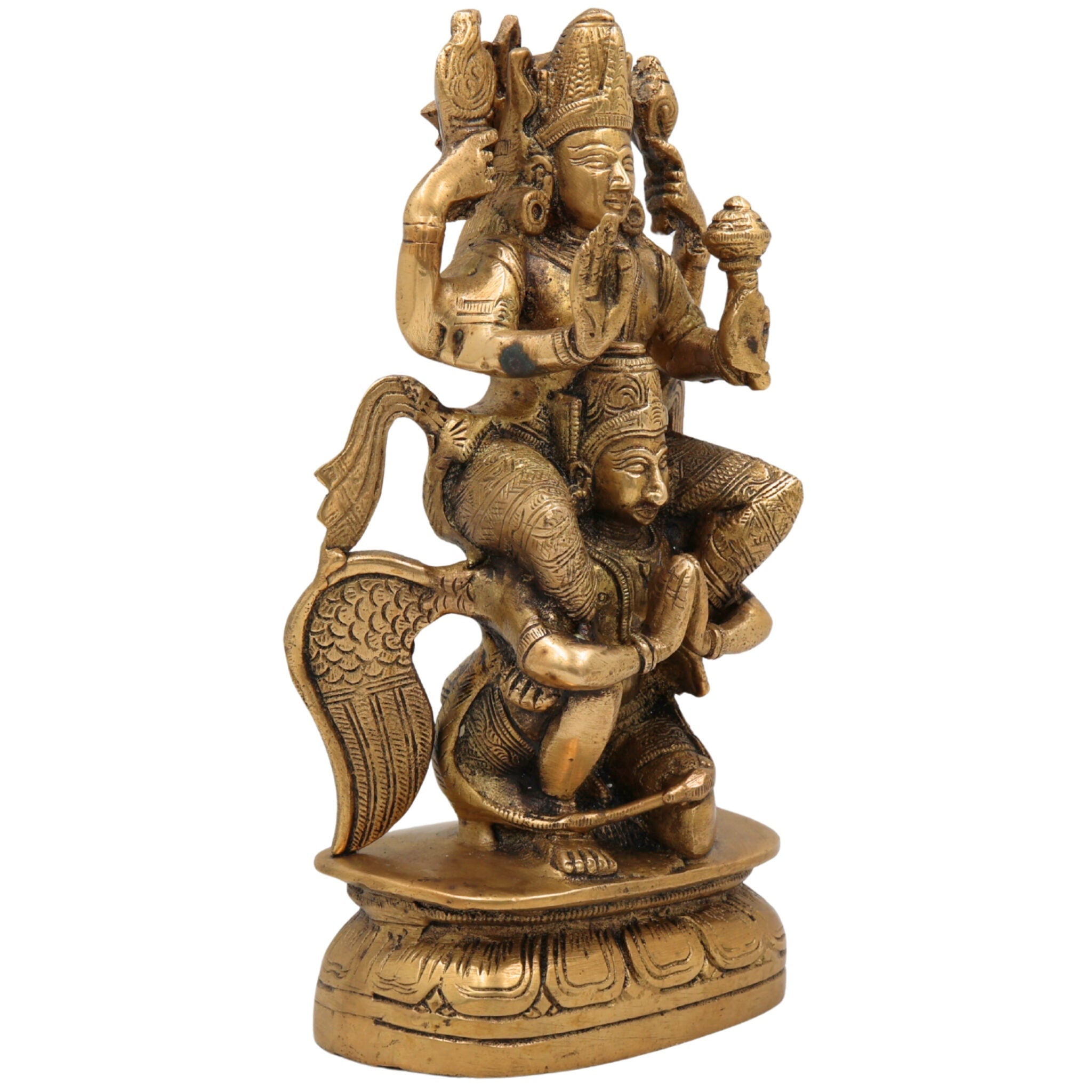 Brass Vishnu Idol Riding Garuda | Narayana Murti Statue | Balaji, Srinivasa, Govinda Vigraha for Pooja, Home Temple, Decor & Gifts, Gold, 8 Inch, 1 Piece