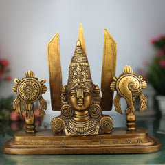 Brass Balaji Face Idol, Handcrafted Gold Murti, Lord Venkateswara Sculpture with Shanka, Chakra & Namam for Pooja, Home Decor & Gifts, Gold, 10 Inch, 1 Piece