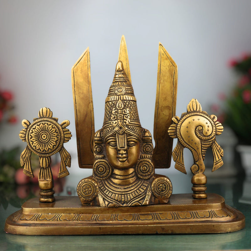 Brass Balaji Face Idol, Handcrafted Gold Murti, Lord Venkateswara Sculpture with Shanka, Chakra & Namam for Pooja, Home Decor & Gifts, Gold, 10 Inch, 1 Piece