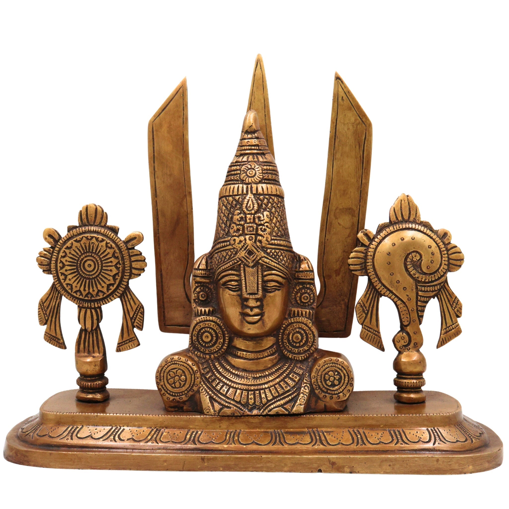 Brass Balaji Face Idol, Handcrafted Gold Murti, Lord Venkateswara Sculpture with Shanka, Chakra & Namam for Pooja, Home Decor & Gifts, Gold, 10 Inch, 1 Piece