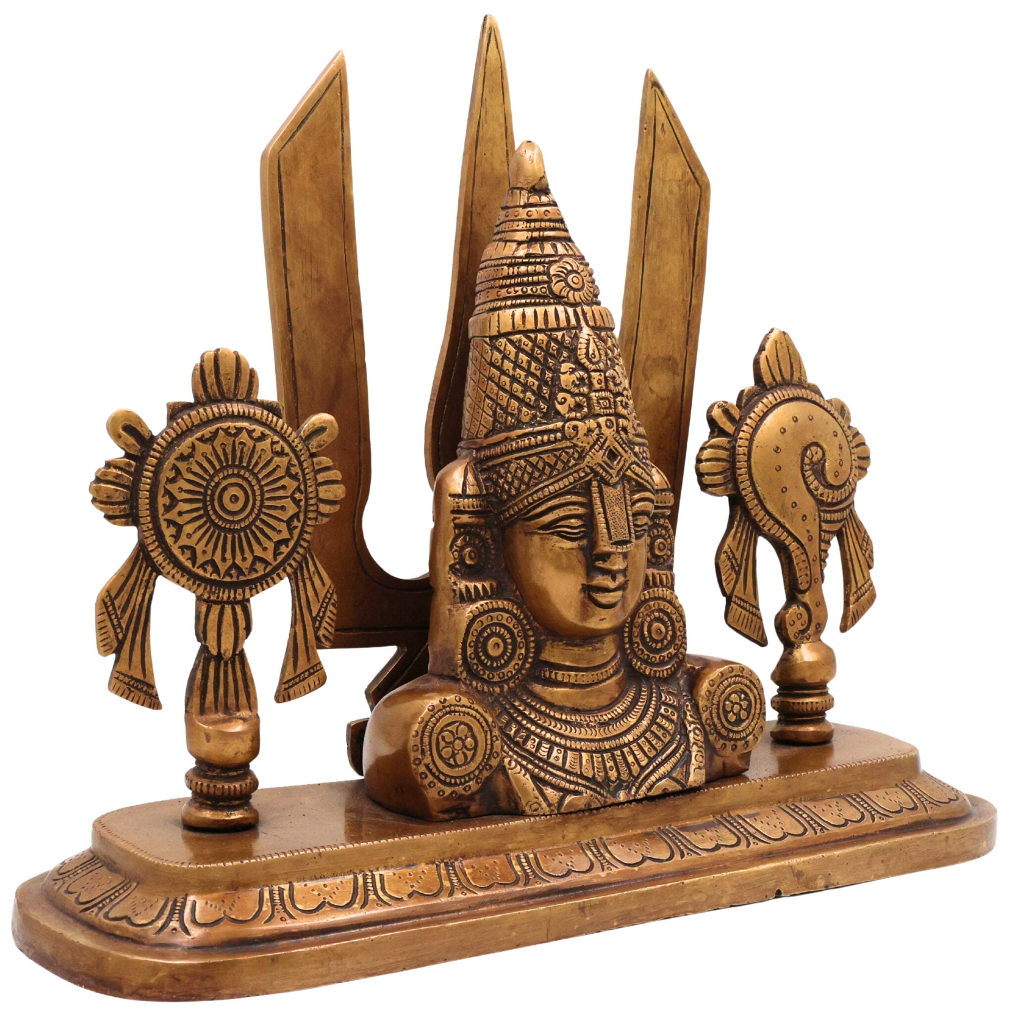 Brass Balaji Face Idol, Handcrafted Gold Murti, Lord Venkateswara Sculpture with Shanka, Chakra & Namam for Pooja, Home Decor & Gifts, Gold, 10 Inch, 1 Piece
